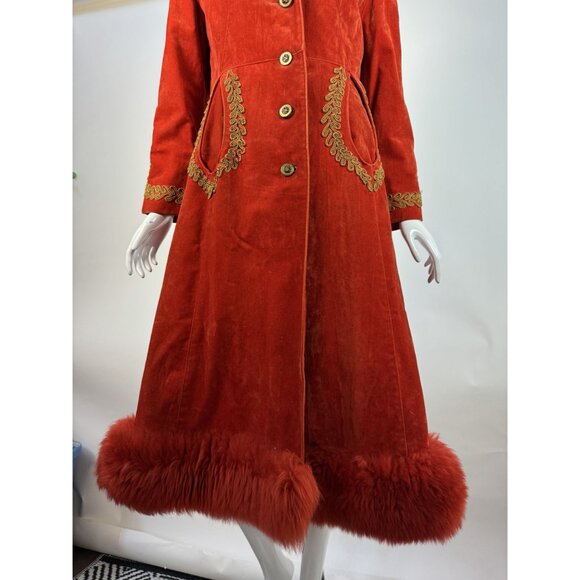 Vintage 70s Red Velvet Penny Lane Coat W/ Gold Embroidery & faux Fur Trim Hood - Picture 6 of 16